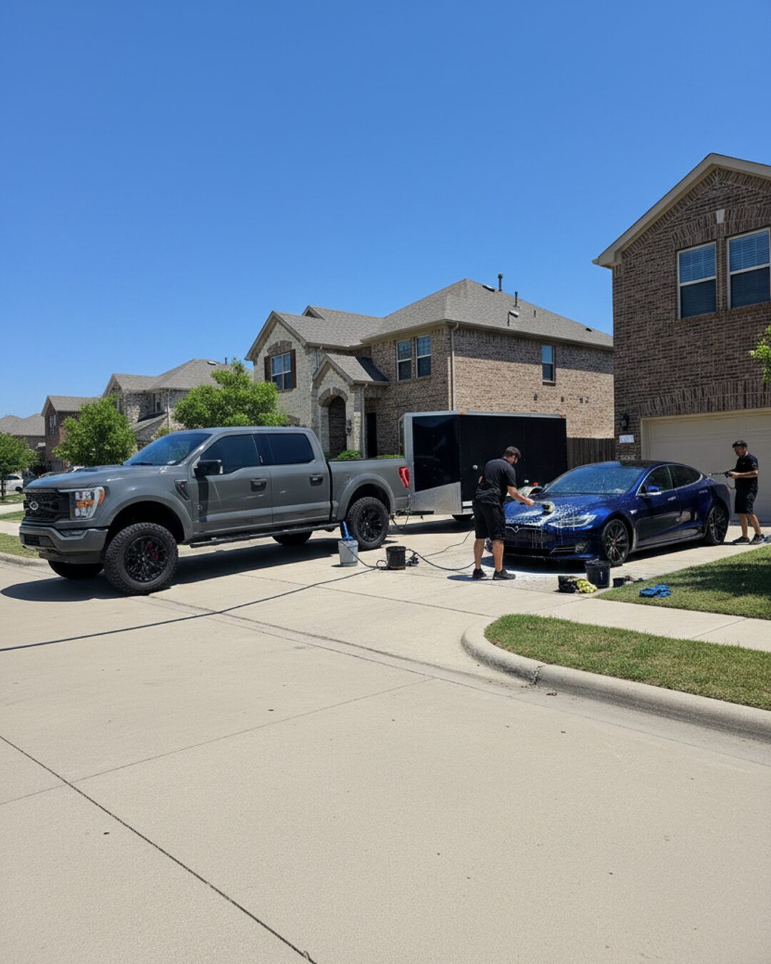 Mobile detailing equipment set up in a customer driveway